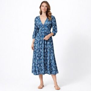 CAROLINE CONSTAS Dahlia Navy Print Size Medium Cotton Boho Midi Low V Neck Dress